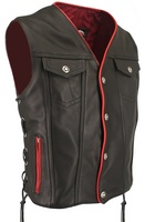 Men's Denim Style Lace Side/Red Trim Leather Vest