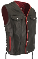 Men's Denim Style Lace Side/Red Trim Leather Vest