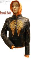 Ladies Leather Jacket W/Orange Embroidery & Removable Sweatshirt