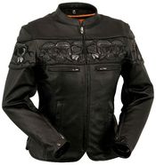 Ladies Soft Naked Cowhide Leather Motorcycle Jacket Reflective Skulls (Sacred Skulls)