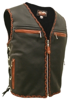 The Elite Leather Vest with Orange/ Black Braid