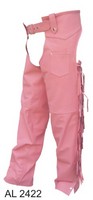 Ladies Pink chaps with braid, fringe