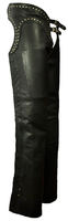 Women's Black Leather Double Belted Studded Motorcycle Chaps 