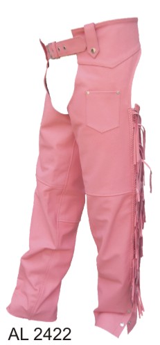 Ladies Pink chaps with braid, fringe & lined Split Cowhide